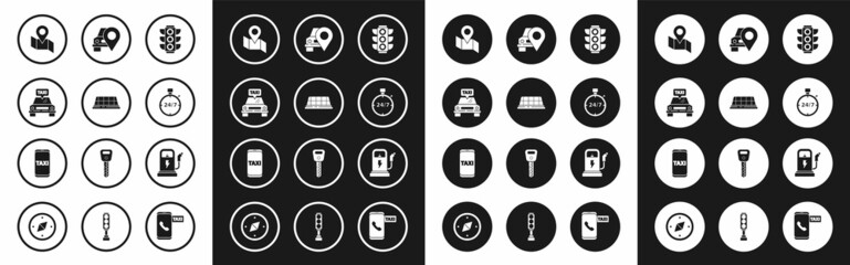 Set Traffic light, Taxi car roof, Folded map with location marker, Stopwatch 24 hours, Map pointer taxi, Electric charging station and call telephone service icon. Vector