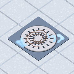 Hair clump stuck in the shower drain. Hair fall problem. Alopecia symptom concept. Cleaning tiled floor after washing scalp. Cartoon vector illustration