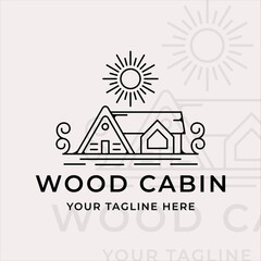 cabin or cottage line art simple logo vector illustration template icon graphic design. summer camp or camping sign and symbol with minimalist style and sunburst