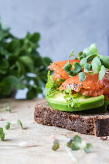 Healthy open sandwich with salmon and avocado and microgreens.