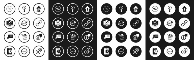 Set Financial growth and coin, Clock 24 hours, Computer monitor, Discount percent tag, Chain link, Magnifying glass dollar, and Online shopping screen icon. Vector