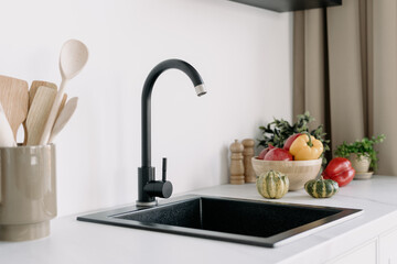 Modern black sink in contemporary kitchen interior design