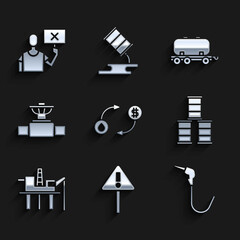 Set Oil exchange, Exclamation mark in triangle, Gasoline pump nozzle, Barrel oil, platform the sea, Industry pipe and valve, railway cistern and Nature saving protest icon. Vector