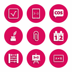 Set Paper clip, Chalkboard, Calendar, Abacus, Feather and inkwell, Mathematics function cosine and Square root icon. Vector