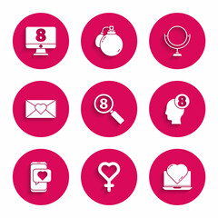 Set Search 8 March, Female gender symbol, Online dating app and chat, human head, Envelope with, Round makeup mirror and on monitore icon. Vector
