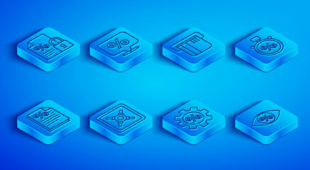 Set line Finance document and lock, Discount percent tag, Credit card, Safe, Gear with, Stopwatch, and Eye icon. Vector