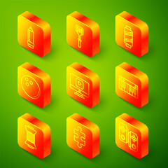 Set line Pencil with eraser, Spatula, Sewing thread on spool, Bowling ball, Online play video, Music synthesizer, and Piece of puzzle icon. Vector