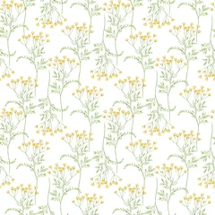 Schilderijen op glas Watercolor botanical seamless pattern Delicate meadow wildflowers. Hand drawn tansy Floral print. For birthday card, invitation, happy easter, mother day, linen, packaging, fabric, decoration, design. © NastiyaMaki