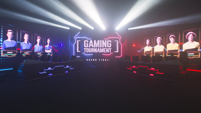 LED monitor with Gaming Tournament Grand Final inscription with spotlights and neon illumination in dark modern room with tables and computers