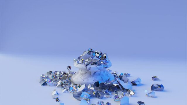 Game concept. The white marble knight piece crumbles into diamond particles. 3D animation of a seamless loop.