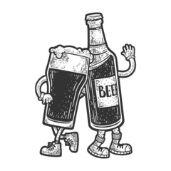 Beer bottle hugs glass of beer sketch engraving vector illustration. T-shirt apparel print design. Scratch board imitation. Black and white hand drawn image.