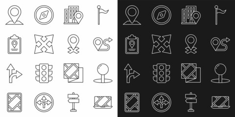 Set line City map navigation, Push pin, Route location, Location with house, Road traffic sign, Folded marker, and icon. Vector