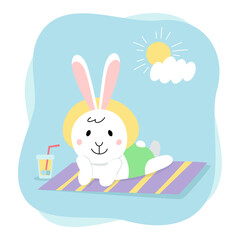 Obraz na płótnie Canvas Cute rabbit. Bunny is lying on a mat, sunbathing, a cold drink beside him. Cartoon flat illustration isolated on white background