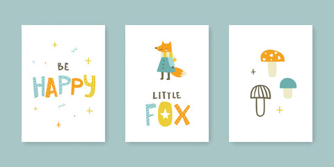 Doodle nursery poster set with fox and text. Collection of cute baby cards with lettering.
