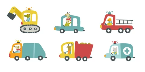 Gardinen Set of cute cartoon baby cars with animals. Collection of doodle vehicle with mammal drivers. © Sonium_art