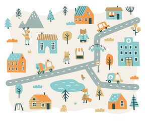 Cute little town map with dressed animals. Doodle cityscape for nursery carpet print. © Sonium_art