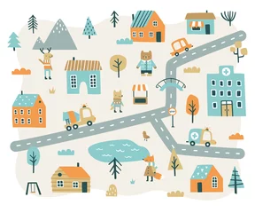  Cute little town map with dressed animals. Doodle cityscape for nursery carpet print. © Sonium_art