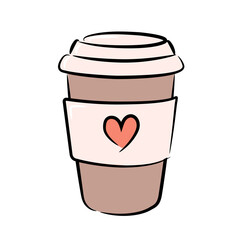 A simple drawing of a paper cup for hot drinks. Colorful glass with a heart isolated on a white background.
