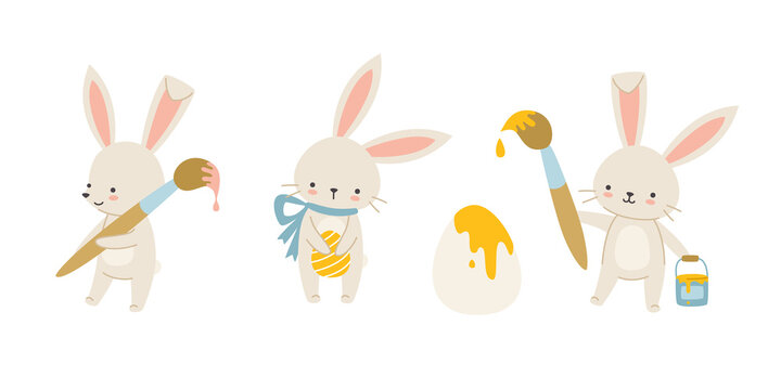 Set of cute easter rabbits with brush paint eggs. Collection of cartoon easter bunny.
