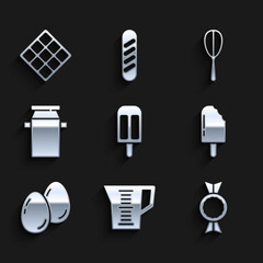 Set Ice cream, Measuring cup, Candy, Easter eggs, container for milk, Kitchen whisk and Waffle icon. Vector