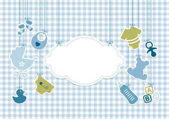 Hängende Babysymbole Junge Neben Wolke Retroblau Olivgrün Karomuster Grau