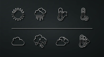 Set line Sun, Cloud, Meteorology thermometer, and cloud weather, with rain lightning, and icon. Vector