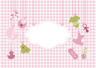 H&auml;ngende Babysymbole M&auml;dchen Neben Wolke Rosa Olivgr&uuml;n Karomuster Grau