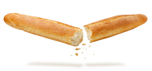 Broken baguette falls on a white background, cut. Isolated