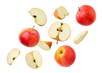 Falling apples whole and pieces on a white background, cut. Isolated