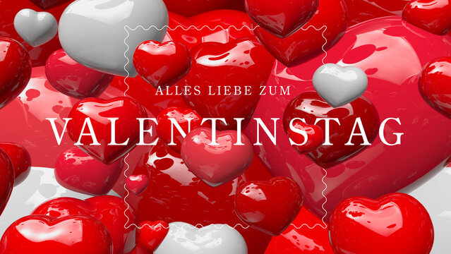 German text : Alles liebe zum valentinstag on 3D red and white hearts for valentin's day