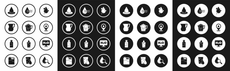 Set Water drop, jug with filter, Jug glass water, location, Recycle clean aqua, Chemical formula for H2O and Bottle of icon. Vector