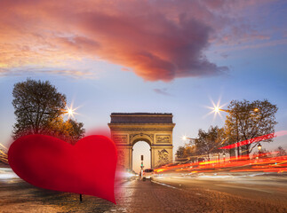 Arc de Triumph against red heart on Champs-Elysees street, Happy Valentine's Day, Paris in love,...