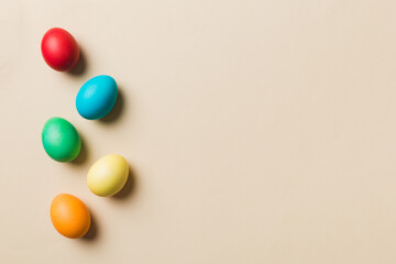 holiday preparation Multi colors Easter eggs on colored background . Pastel color Easter eggs. holiday concept with copy space