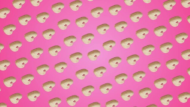 Professional motion design 4K animated pattern with many heart-shaped Sweet vanilla color macaroons move and rotates on trending pink color gradient backgroundnd, top view. 3 in 1 different sides and 