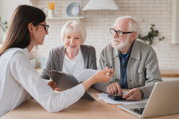 Successful deal. Lawyer financial adviser helping consulting showing contract mortgage loan credit...
