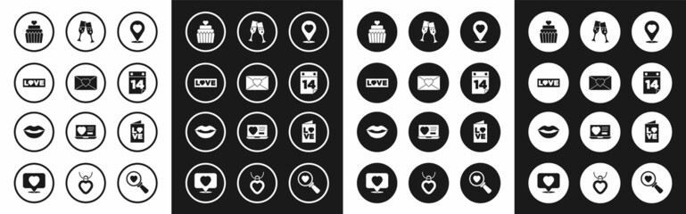 Set Location with heart, Envelope Valentine, Love text, Wedding cake, Calendar February 14, Glass of champagne, Valentines day party flyer and Smiling lips icon. Vector