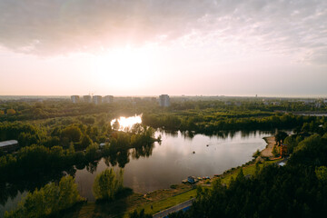 Naklejka na ściany i meble Aerial photography of a city park with a river