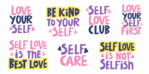 vector set of handwritten motivating inscriptions on the theme of self-love in a casual style