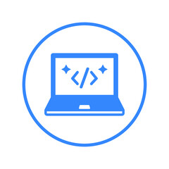 Clean, code, coding icon. Blue vector design.