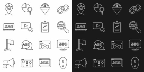 Set line Computer mouse, SEO optimization, Advertising, Lead management, Map pointer with star and Clipboard graph chart icon. Vector