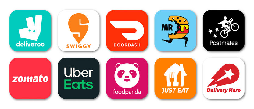 Logo app of famous global food delivery brands, vector editorial illustration