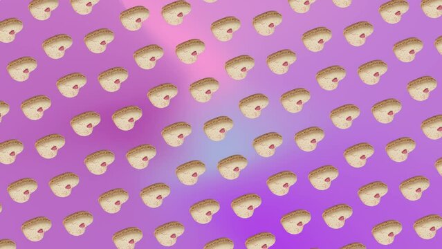 Colorful pattern of circular rotating Sweet vanilla Macaroons Heart cookies isolated on pink-purpule background. 3 in 1 different sides and size animations for 10 sec. Love 4K Creative animatio