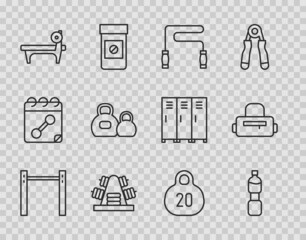 Set line Horizontal bar, Bottle of water, Jump rope, Metal rack with weights, Bench barbel, Kettlebell, and Sport bag icon. Vector