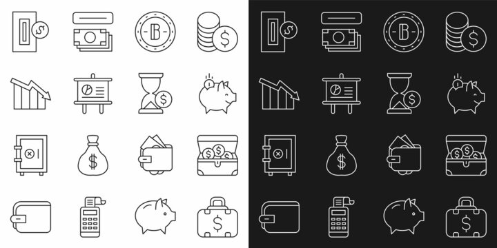 Set line Briefcase and money, Treasure chest, Piggy bank with coin, Bitcoin, Chalkboard diagram, Financial growth decrease, Inserting and Hourglass dollar icon. Vector