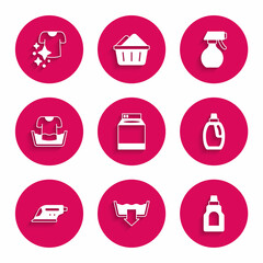 Set Washer, Washing modes, Bottle for cleaning agent, Electric iron, Basin with shirt, Water spray bottle and Drying clothes icon. Vector