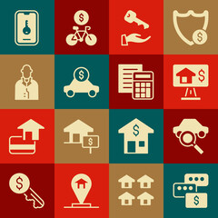 Set Price negotiation, Car sharing, Online real estate, House key, rental, Realtor, and Calculator icon. Vector