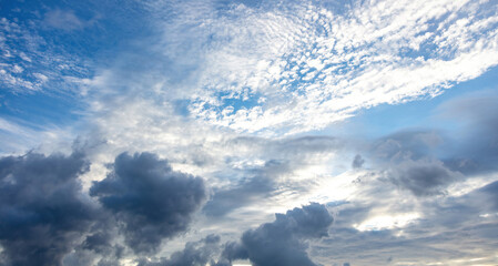 Cloud on blue sky background. White and grey color cloudscape, gloomy weather