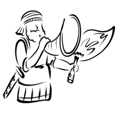 Biblical warrior with a torch in his hands blows a horn, Gideon, black outline
