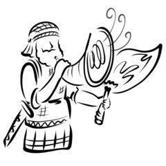 Biblical hero Gideon blows a horn with a burning torch in his hand, black sketch
