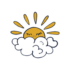 Flat cute rain cloud with rainbow. Children's world drawing on an isolated white background. Yellow. Spring and weather vector illustration